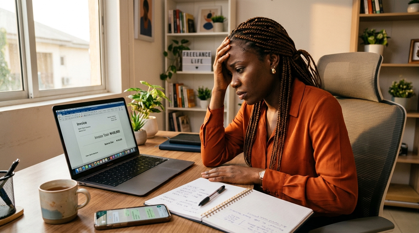 Nigerian freelancer at desk staring at undercharged invoice